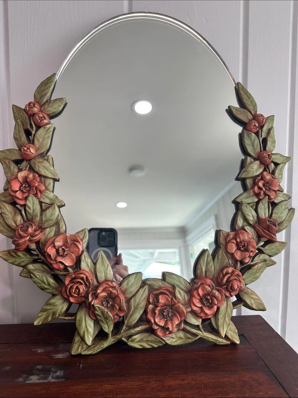 Vintage 19 in Floral Leaf Decorative Mirror on a stand  - Pink Gilded Roses